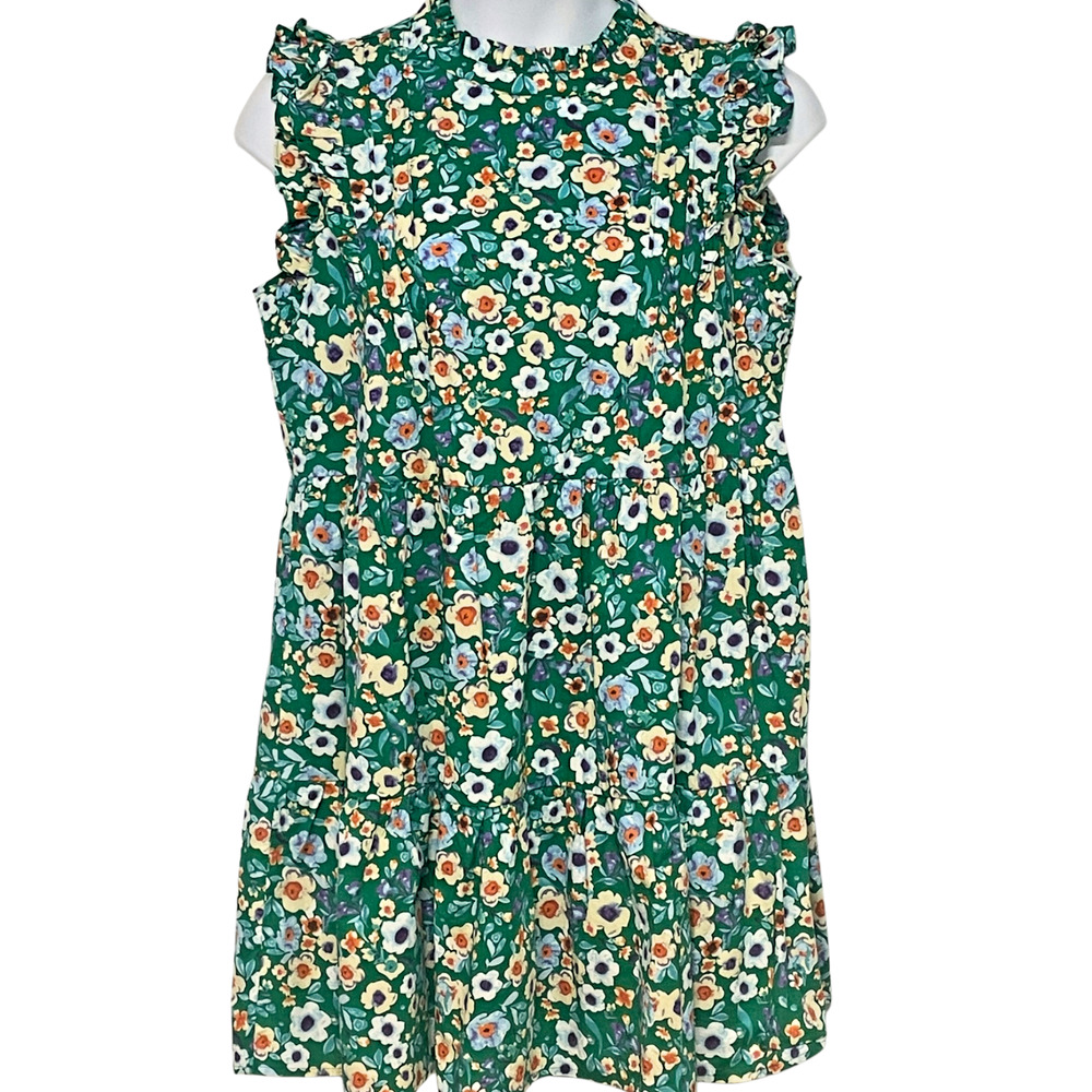 Hailey & Co Plus Sz 1X High Neck Shift Dress Ruffle Sleeves Green Floral Cottage